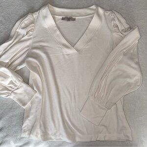 LOFT Cream V-Neck Blouse with Puff Sleeves
